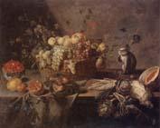 Adriaen Van Utrecht Still life of a basket of apples,grapes,plums,figs,gooseberries and redcurrants,together with a monkey,artichokes,celery,a melon,a pomegranate,a lemon oil painting image